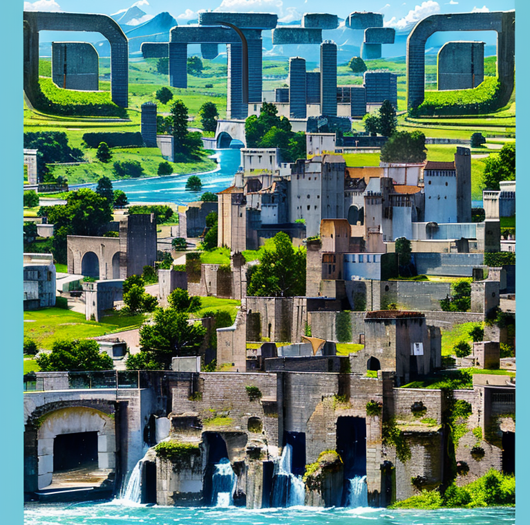 城堡，山河，蓝天，大树